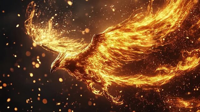 Majestic eagle in flight engulfed in dramatic flames against a vibrant