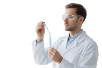 A scientist in a lab coat is conducting a chemical experiment using a test tube.
