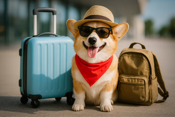 A corgi wearing a straw hat, sunglasses, and a red bandana is sitting between a blue suitcase and a backpack, ready for a trip. Dog friendly travel concept.