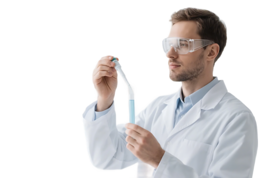 A scientist in a lab coat is conducting a chemical experiment using a test tube.