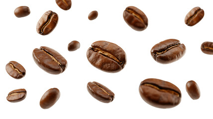 Rich roasted coffee beans expertly captured in dynamic motion