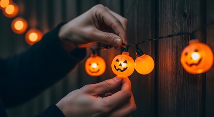 Close-up of hands adjusting Halloween pumpkin lights on a wooden fence, creating festive ambiance.