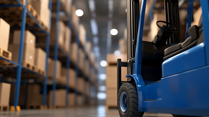 A blue forklift stands ready in a vast warehouse. Rows of shelves filled with boxes fade into the background, promising efficiency in logistics. The equipment is poised for action.