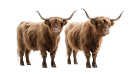 Two highland cows with long curved horns are standing side by side, showcasing their furry coats and distinctive horns.