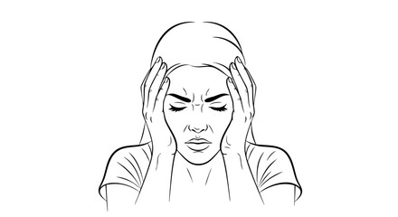 Woman experiencing migraine headache with hands on head, showcasing distress and discomfort. This illustration captures the emotional aspect of migraine headache
