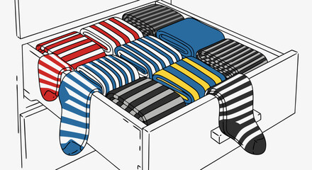 Colorful striped socks arranged in drawer with various designs including blue and red socks. Striped socks showcase diverse patterns and colors, creating a vibrant collection.