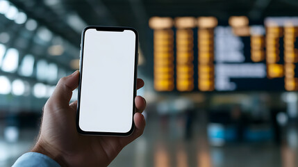 Holding a smartphone with a blank screen in an airport. The flight schedule can be seen blurry in the background. Perfect for airport or technology concept.
