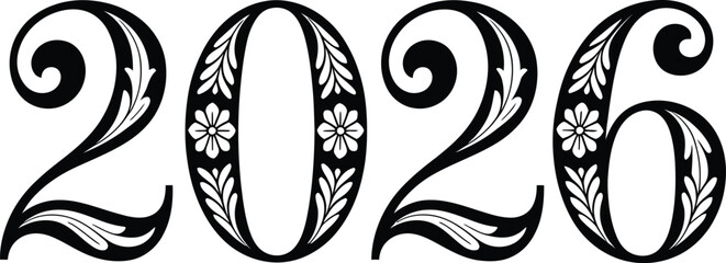 Elegant Floral Year 2026 with Ornate Vintage Scrollwork
