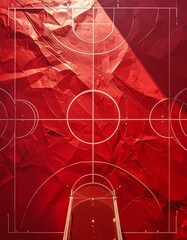 Basketball court design over crumpled red paper with shadows
