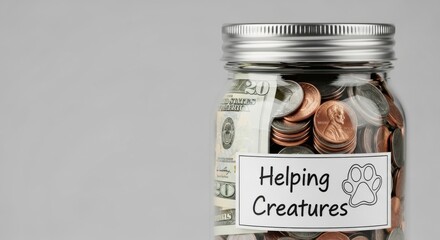 Boxing day charity donation jar with coins and cash for animal welfare support