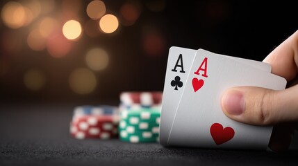 Hand holding poker cards with two aces and chips on table, gambling and casino theme