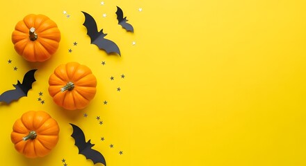 Halloween flat lay with pumpkins, paper bats, and confetti on a bright yellow background with copy space.