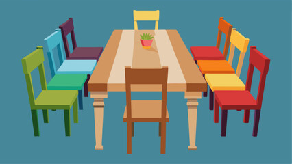 A communal dining table made of reclaimed wood and surrounded by mismatched chairs in different styles and colors.