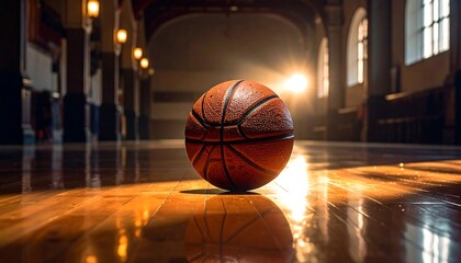 Basketball sits on a shiny wooden floor, sunlight streaming in