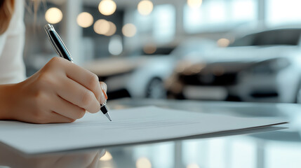 Close-up of a person signing a document with a pen, possibly related to a purchase agreement, in a car dealership. The scene conveys a sense of transaction.