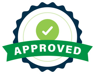 Approved badge with green ribbon and check mark icon. Certification and validation label vector illustration. Green approved stamp seals, emblems, and circle badge logo with check marks. Flat style.