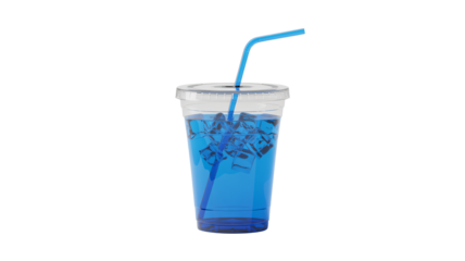 Cool blue beverage with ice and straw in clear plastic cup