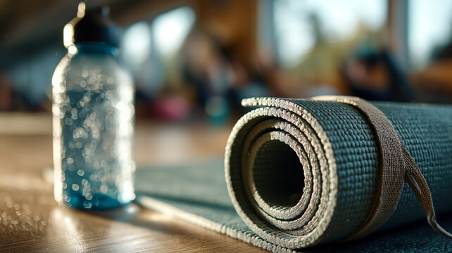 Rolled yoga mat and blue water bottle ready for a workout session at the gym, promoting health and wellness, focus and relaxation. - Powered by Adobe