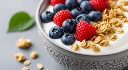 A close-up shot of a healthy breakfast bowl filled with creamy yogurt, fresh blueberries, red raspberries, and crunchy granola, served on a gray surface.