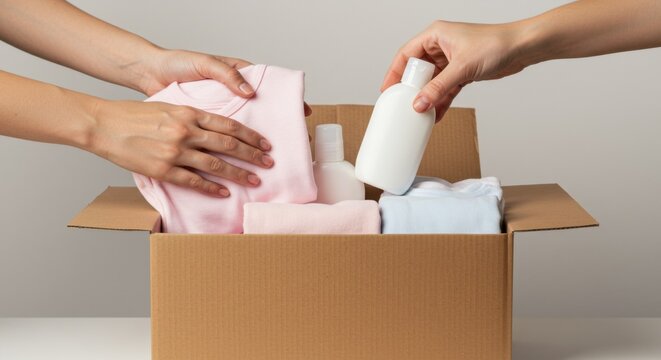 Boxing day donation concept with box of clothing and toiletries