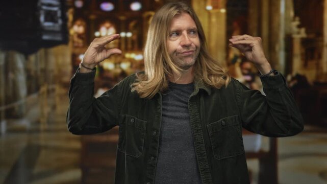 Blond man with long hair frames air with hands amid gothic columns in candlelit building interior; contemplation.