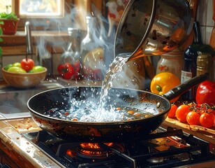 A cooking scene with water pouring into a hot pan, steam rising