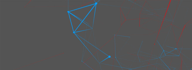 An abstract network of fine lines and nodes forms a dynamic structure in blue and red tones. Geometric shapes create a sense of digital communication, technology and virtual space.