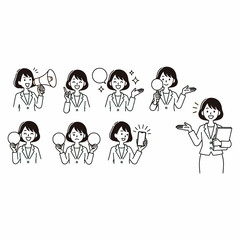 Set of Eight Brush Stroke Businesswoman Poses for Communication and Presentation