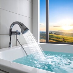 Bathtub with running water, scenic outdoor view through large window