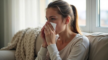 Woman sitting on a sofa sneezing into a tissue, illustrating cold symptoms, allergy relief, or home health care