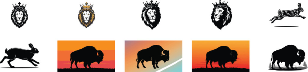 A collection of animal icons featuring lions, rabbits, and bison against sunset backgrounds.