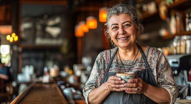 Smiling senior woman barista holding coffee cup in cozy cafe interior. Concept of hospitality, small business and positive customer service
- Powered by Adobe