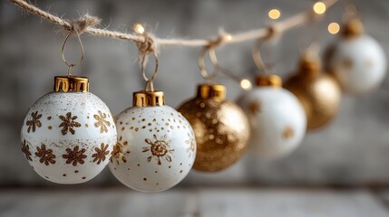 Decorative Christmas ornaments in white and gold hanging on twine against a blurred background, creating a festive atmosphere for holiday celebrations and seasonal decor