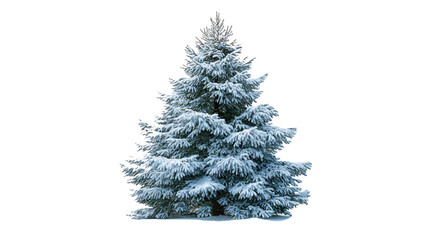 Fototapeta premium Snow-covered Christmas tree isolated on transparent background, single realistic pine tree in centered composition with clean white margins, photorealistic winter concept.