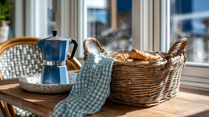 Inviting breakfast scene with a blue moka pot and a basket of warm croissants, bathed in soft morning sunlight.