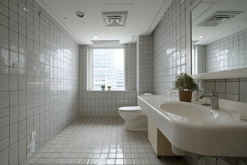 Modern bathroom interior featuring sleek white fixtures, gray tiled walls, and natural light streaming through a large window, creating a serene and inviting atmosphere