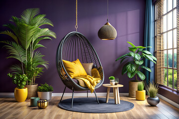 Chic modern interior featuring a cozy hanging chair, vibrant purple wall, and lush plants. A serene, sunlit living space offering contemporary home decor inspiration