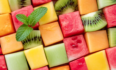 Fruit puzzle. Colorful food background or pattern arranged of different fruit cubes. Dietary concept.
