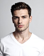 Obraz premium A portrait shot of a young man with blue eyes and a short haircut