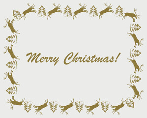 Christmas greeting card with golden running deers and fir trees silhouettes in frame, lettering, vector illustration