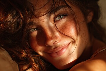 Young woman with curly hair and freckles, smiling softly in warm light, showcasing natural beauty and joy, capturing a moment of serenity and happiness