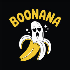 BOONANA Cartoon – Ghost Banana with Heart Eyes and Yellow Typography on Black Background for Halloween.
