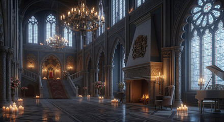 The Great Cathedral in the Royal Hall with a fireplace and throne in an ancient interior.