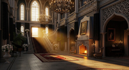 The Great Cathedral in the Royal Hall with a fireplace and throne in an ancient interior.