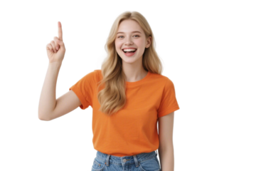 A cheerful young woman in an orange t-shirt is pointing up, expressing an idea or inspiration.