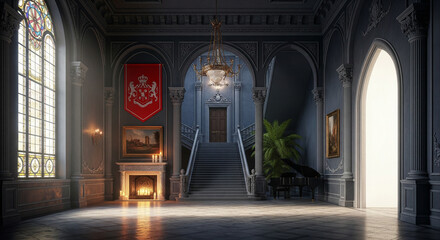 The Great Cathedral in the Royal Hall with a fireplace and throne in an ancient interior.