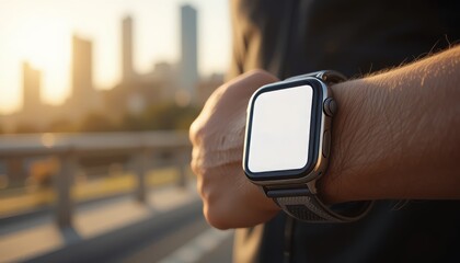 A smartwatch mockup on a jogger's wrist with a blank screen, set against a blurred urban skyline and soft golden sunlight. Generative AI