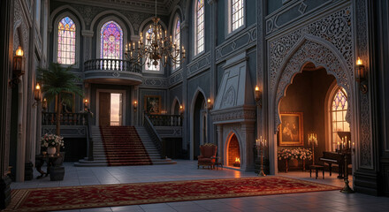 The Great Cathedral in the Royal Hall with a fireplace and throne in an ancient interior.