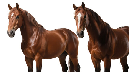 Two brown horses with white markings on their faces are standing side by side against a plain background.