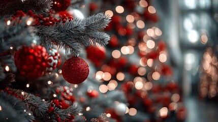Festive Christmas tree adorned with red ornaments and twinkling lights, creating a warm holiday atmosphere with blurred background bokeh effect for seasonal celebration